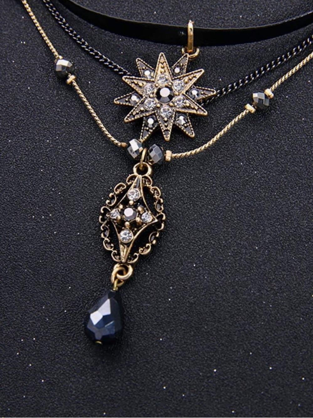 Anthropologie Black and Gold Tone Layered Starburst Pendant Necklace - Picture 4 of 6